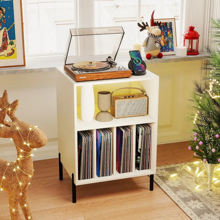 Record Player Stand with LED Light and Charging Station-White - White - End & Side Tables