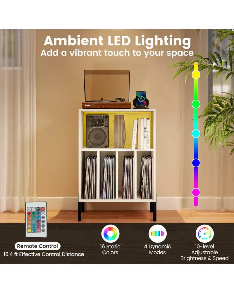 Record Player Stand with LED Light and Charging Station-White - White - End & Side Tables