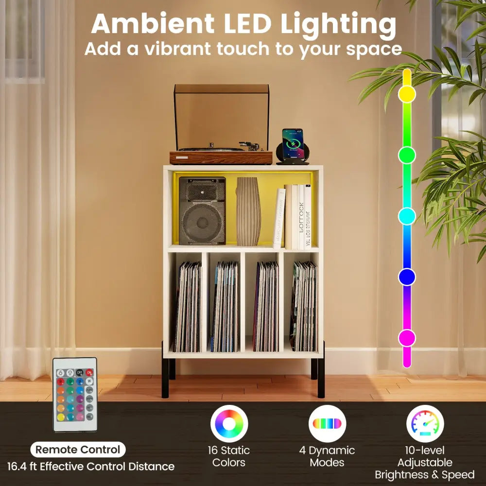 Record Player Stand with LED Light and Charging Station-White - White - End & Side Tables