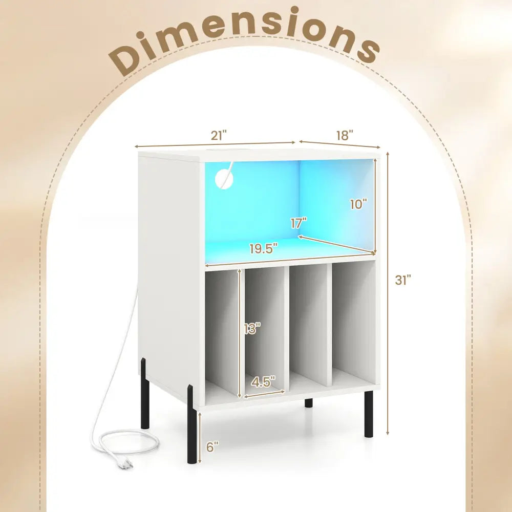 Record Player Stand with LED Light and Charging Station-White - White - End & Side Tables