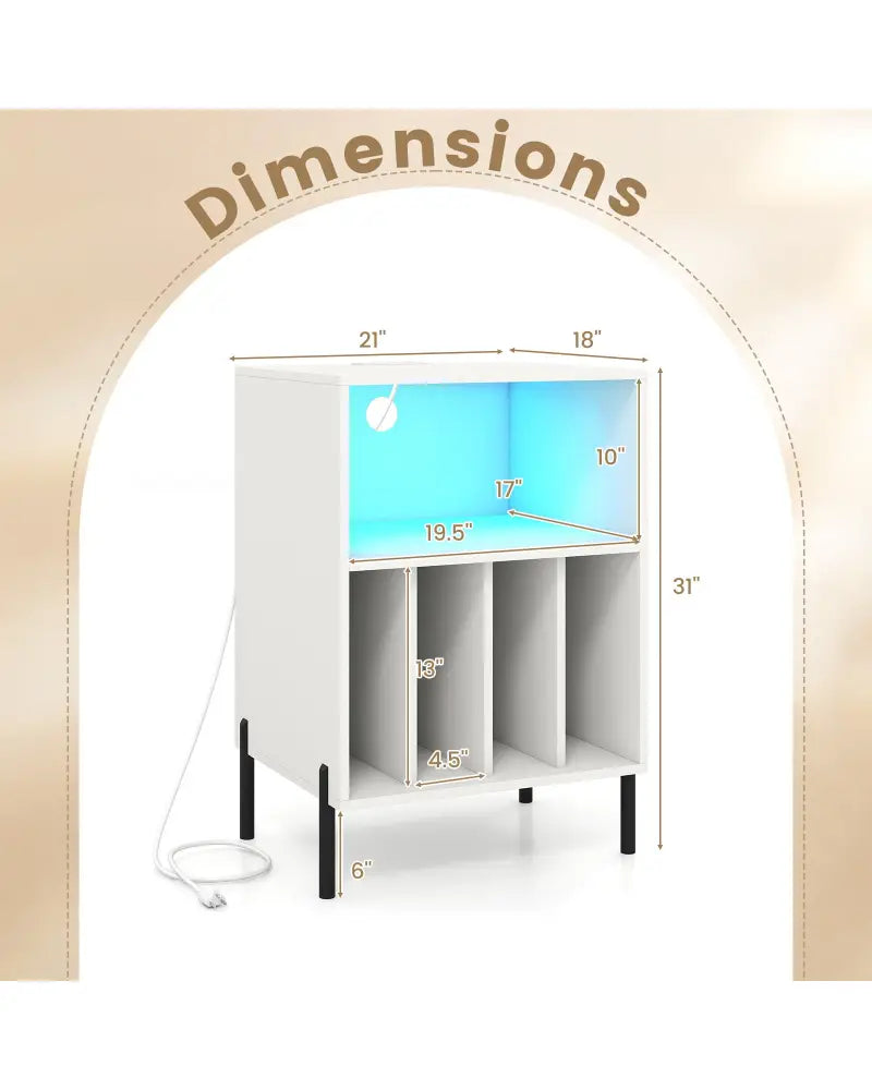 Record Player Stand with LED Light and Charging Station-White - White - End & Side Tables