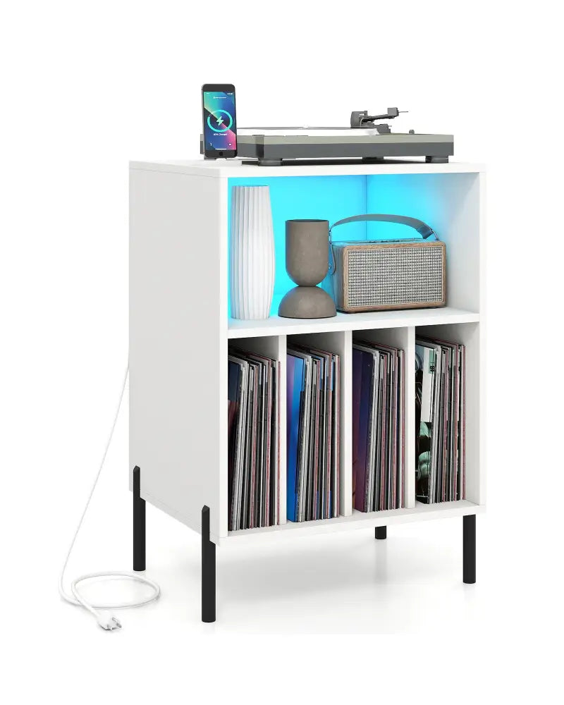 Record Player Stand with LED Light and Charging Station-White - White - End & Side Tables