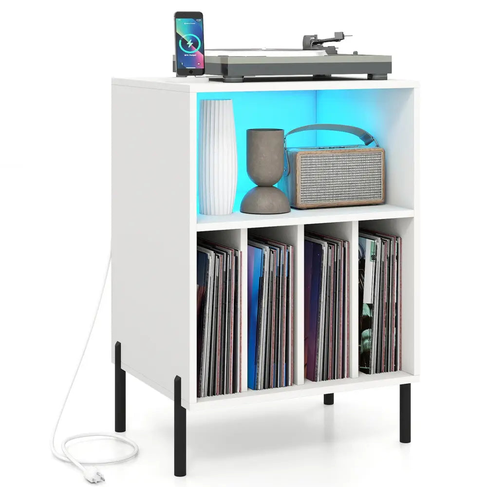 Record Player Stand with LED Light and Charging Station-White - White - End & Side Tables