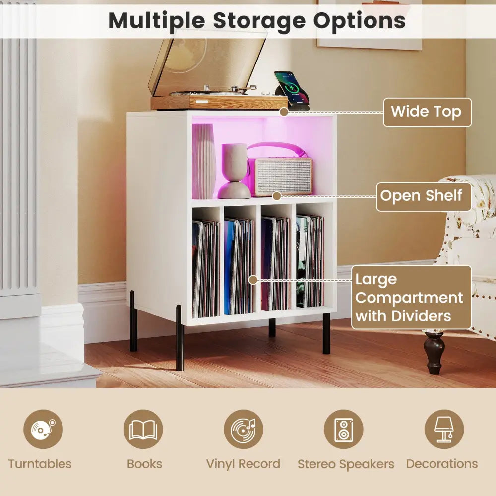 Record Player Stand with LED Light and Charging Station-White - White - End & Side Tables