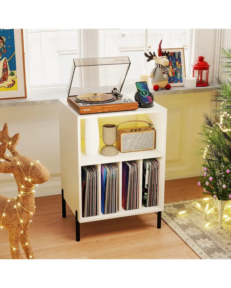 Record Player Stand with LED Light and Charging Station-White - White - End & Side Tables