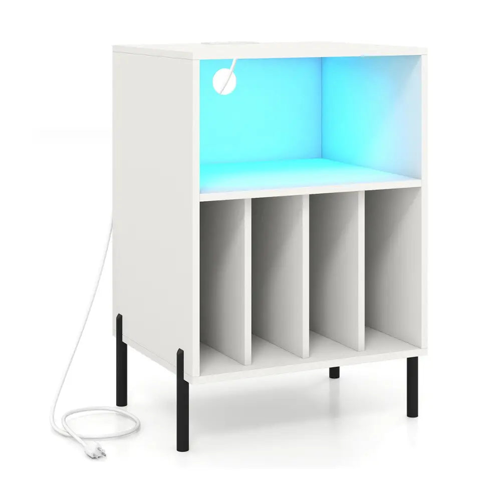 Record Player Stand with LED Light and Charging Station-White - White - End & Side Tables