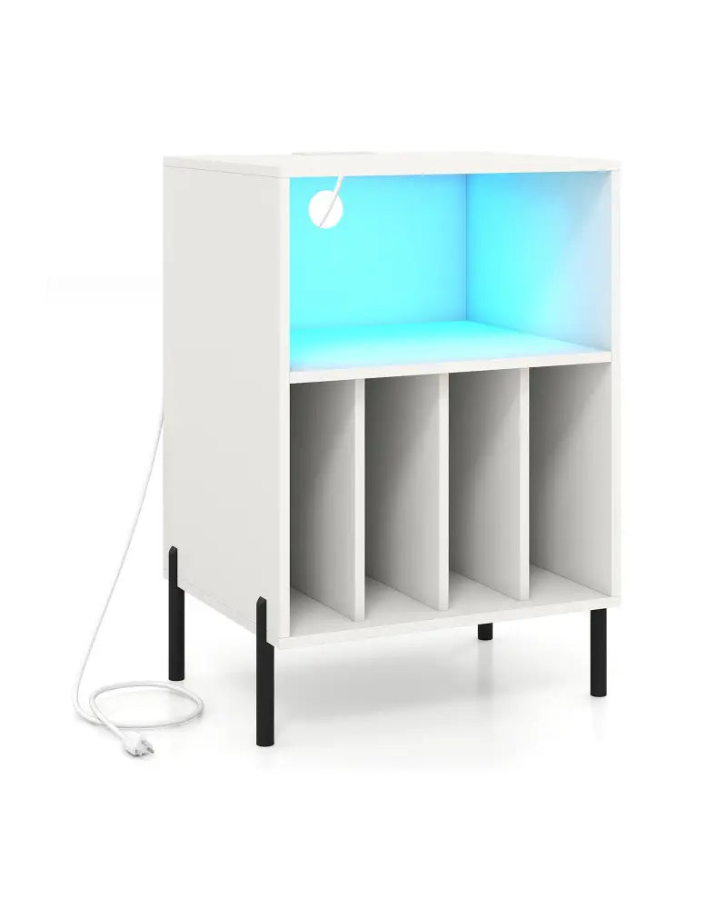 Record Player Stand with LED Light and Charging Station-White - White - End & Side Tables