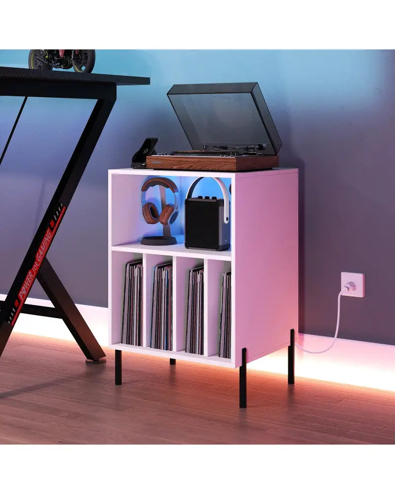 Record Player Stand with LED Light and Charging Station-White - White - End & Side Tables