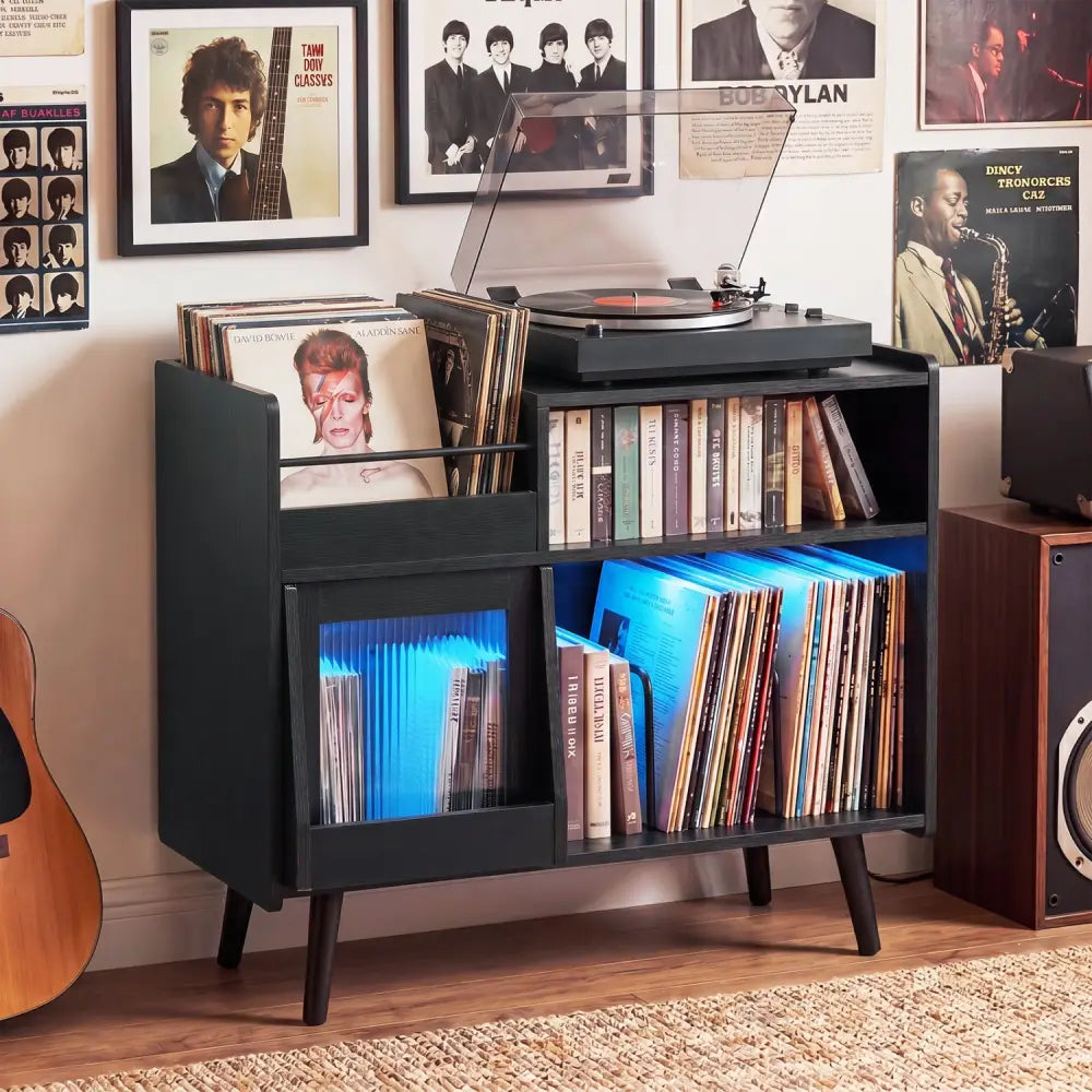 Record Player Stand with LED Light and Power Outlets-Black - Black - End & Side Tables