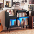 Record Player Stand with LED Light and Power Outlets-Black - Black - End & Side Tables