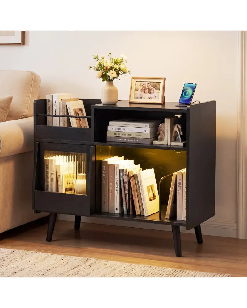 Record Player Stand with LED Light and Power Outlets-Black - Black - End & Side Tables