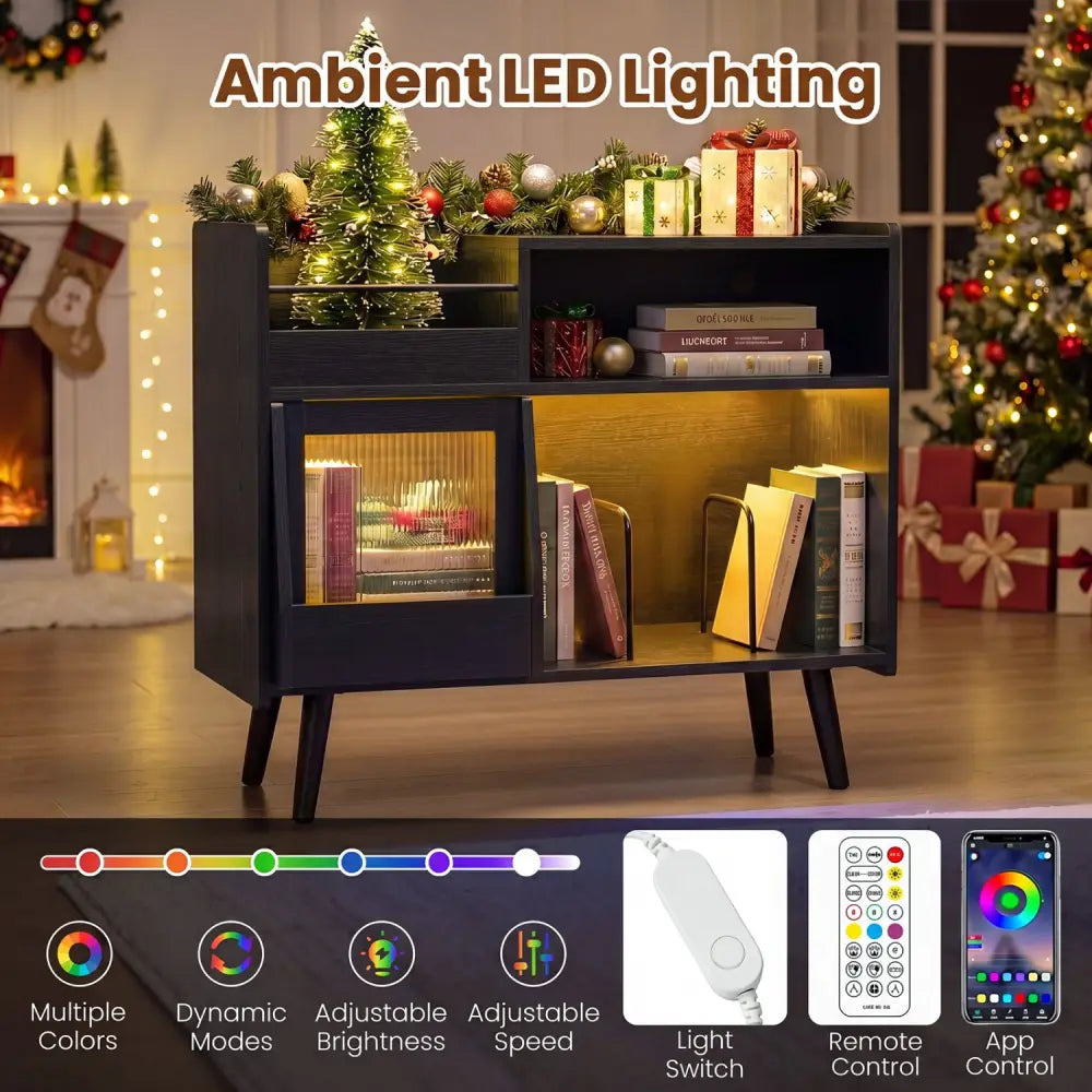 Record Player Stand with LED Light and Power Outlets-Black - Black - End & Side Tables
