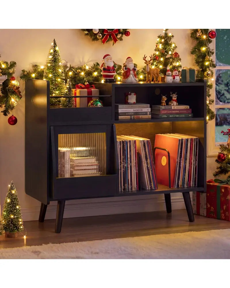 Record Player Stand with LED Light and Power Outlets-Black - Black - End & Side Tables