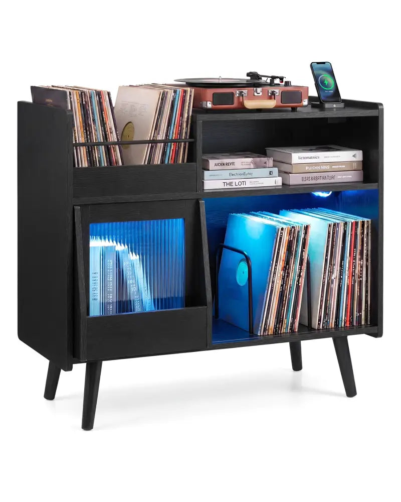 Record Player Stand with LED Light and Power Outlets-Black - Black - End & Side Tables