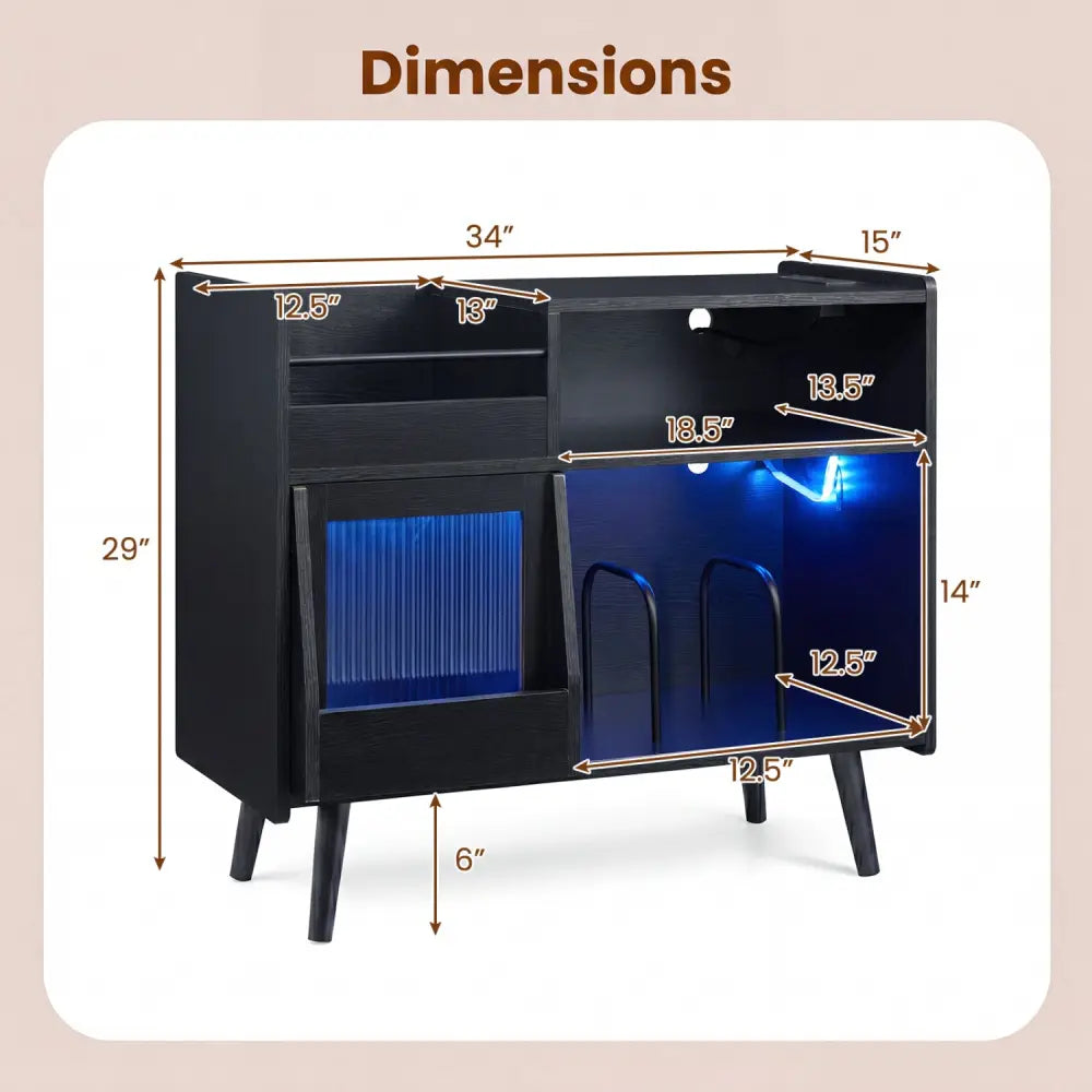 Record Player Stand with LED Light and Power Outlets-Black - Black - End & Side Tables