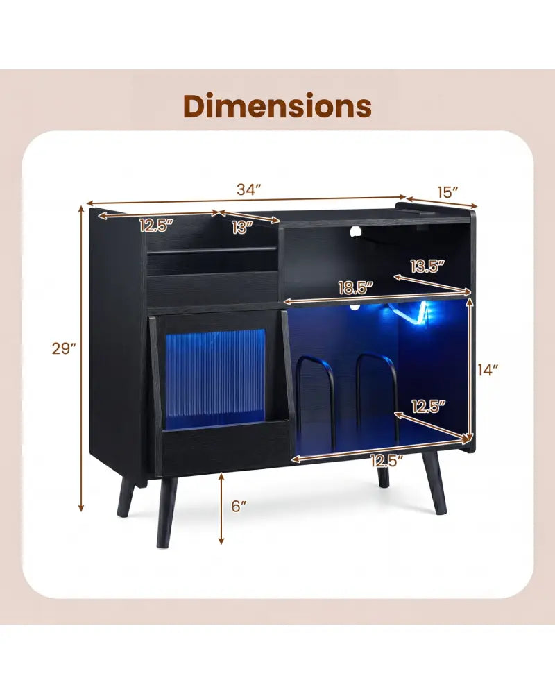 Record Player Stand with LED Light and Power Outlets-Black - Black - End & Side Tables