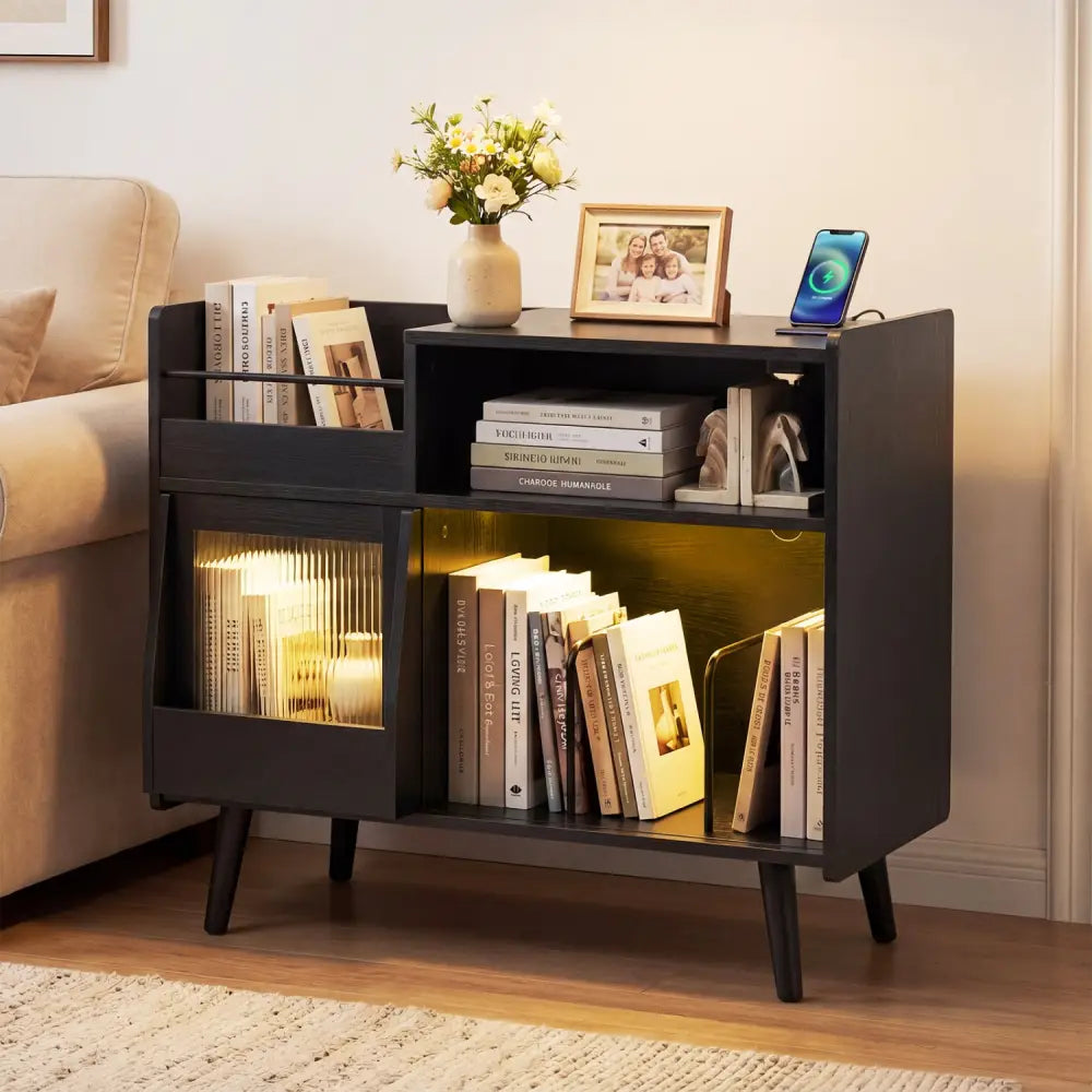 Record Player Stand with LED Light and Power Outlets-Black - Black - End & Side Tables