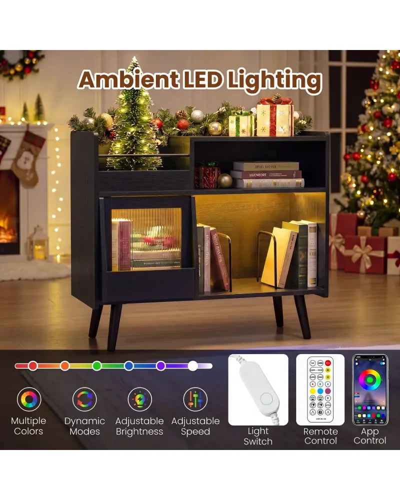 Record Player Stand with LED Light and Power Outlets-Black - Black - End & Side Tables