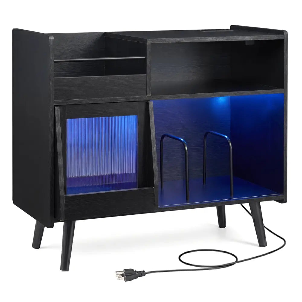 Record Player Stand with LED Light and Power Outlets-Black - Black - End & Side Tables