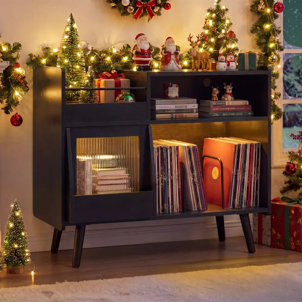 Record Player Stand with LED Light and Power Outlets-Black - Black - End & Side Tables