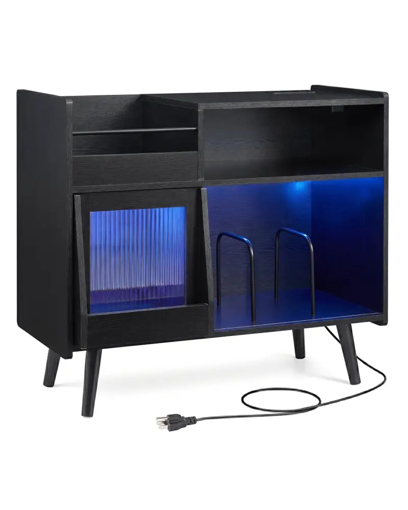 Record Player Stand with LED Light and Power Outlets-Black - Black - End & Side Tables