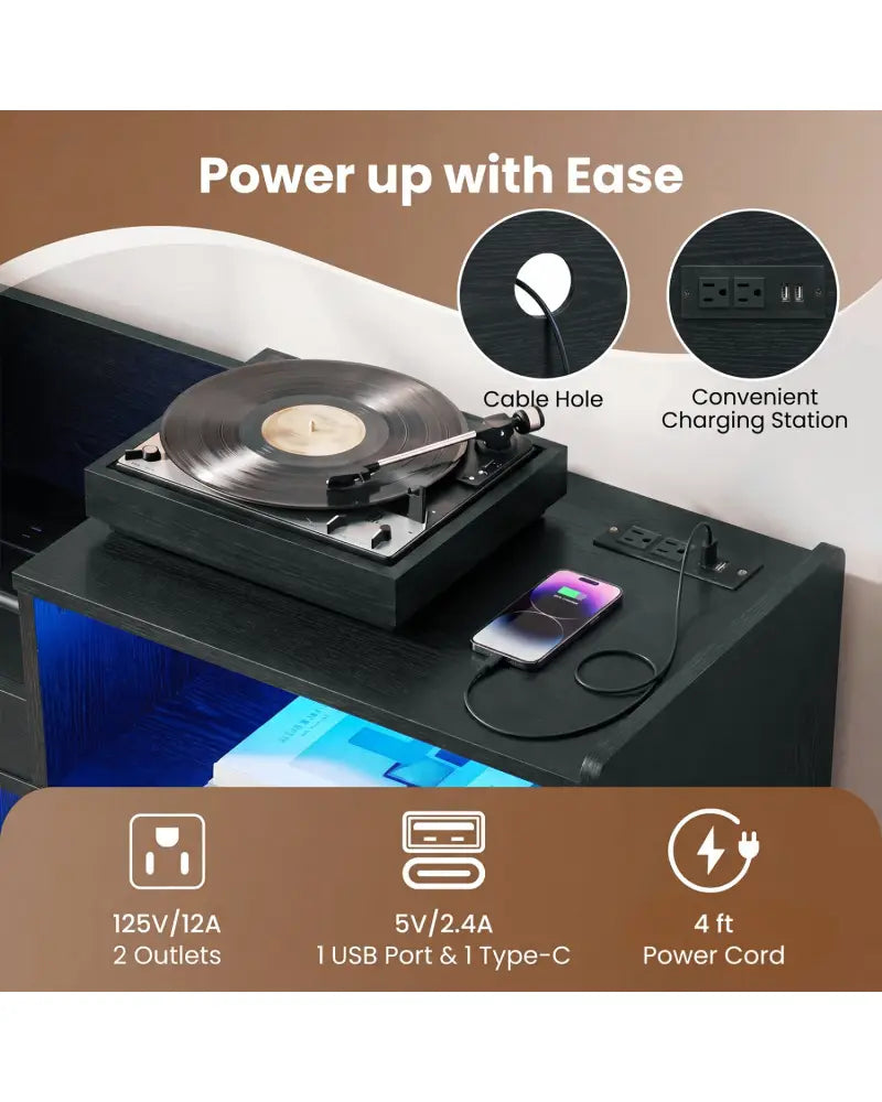 Record Player Stand with LED Light and Power Outlets-Black - Black - End & Side Tables