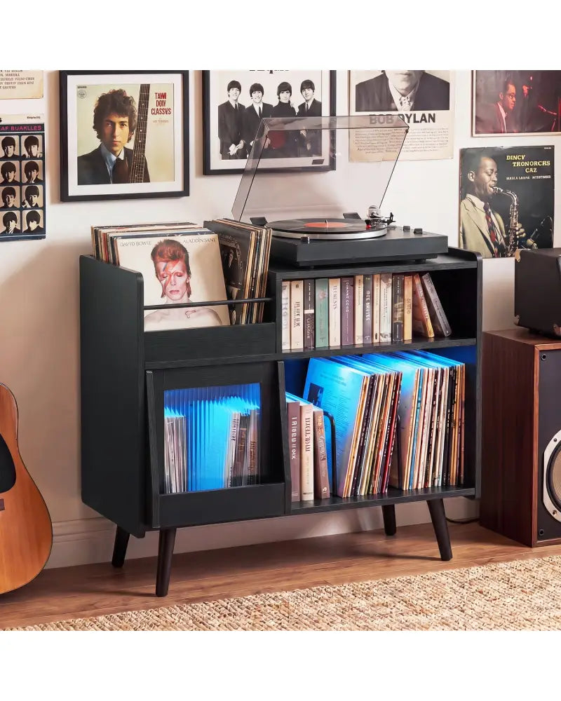 Record Player Stand with LED Light and Power Outlets-Black - Black - End & Side Tables