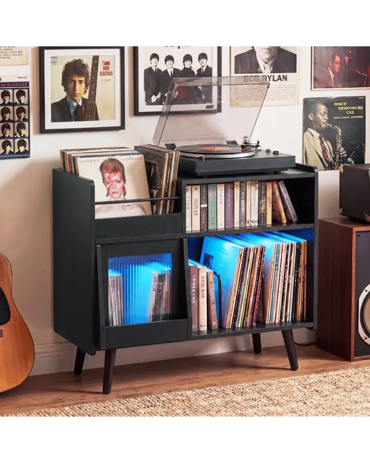 Record Player Stand with LED Light and Power Outlets-Black - Black - End & Side Tables