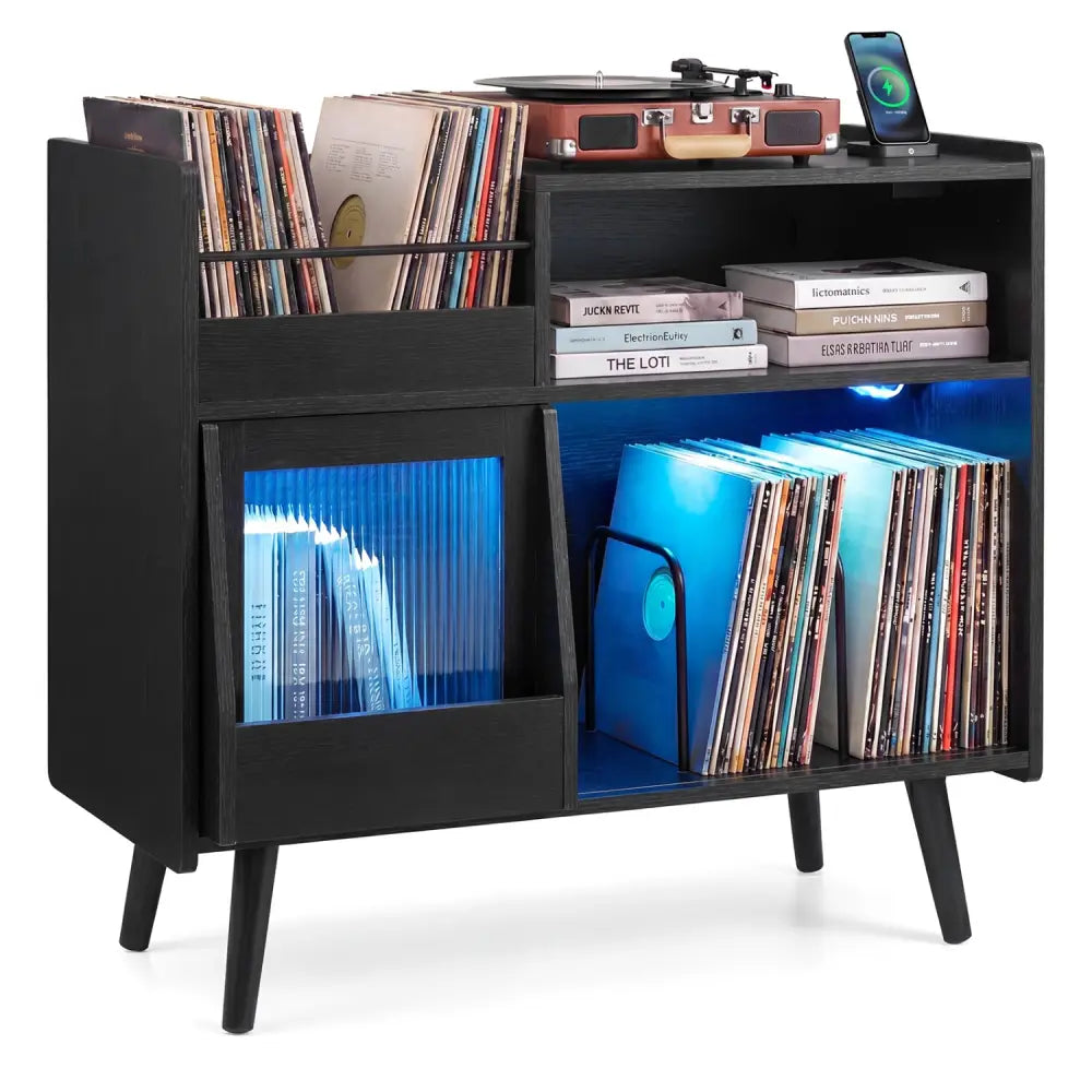 Record Player Stand with LED Light and Power Outlets-Black - Black - End & Side Tables