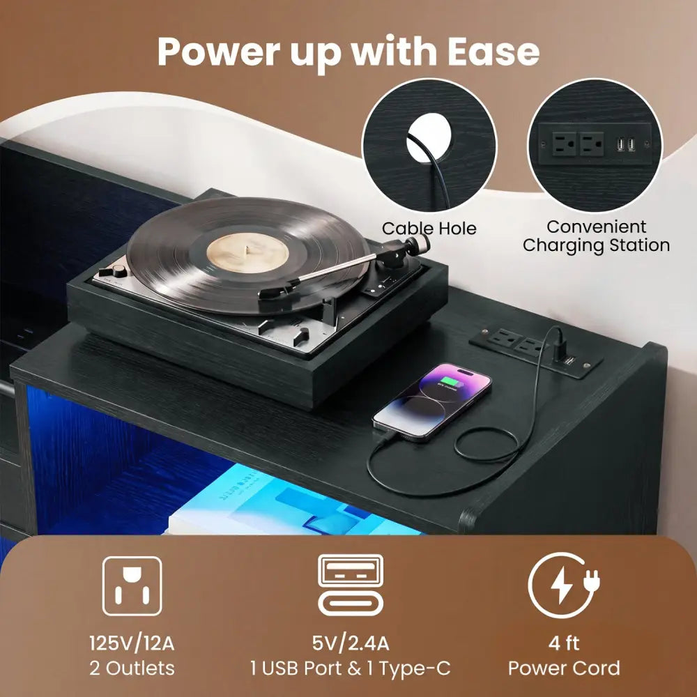 Record Player Stand with LED Light and Power Outlets-Black - Black - End & Side Tables