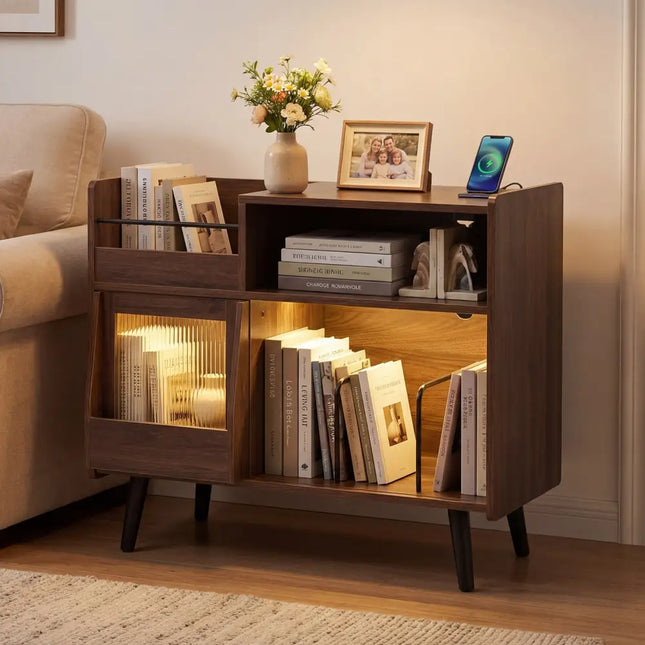 Record Player Stand with LED Light and Power Outlets Large Turntable Stand with Sliding Door-Brown - Brown - End & Side