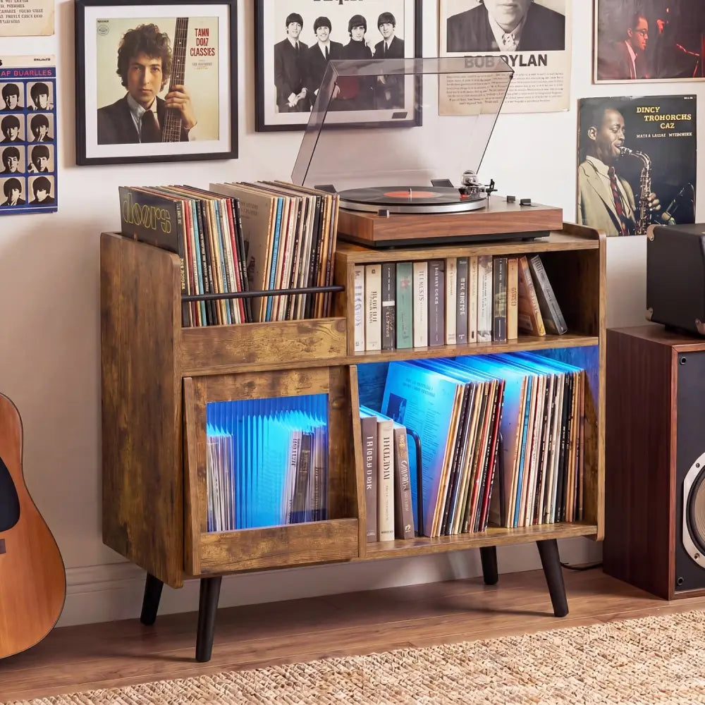 Record Player Stand with LED Light and Power Outlets-Rustic Brown - Rustic Brown - End & Side Tables