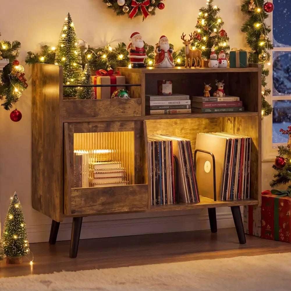 Record Player Stand with LED Light and Power Outlets-Rustic Brown - Rustic Brown - End & Side Tables