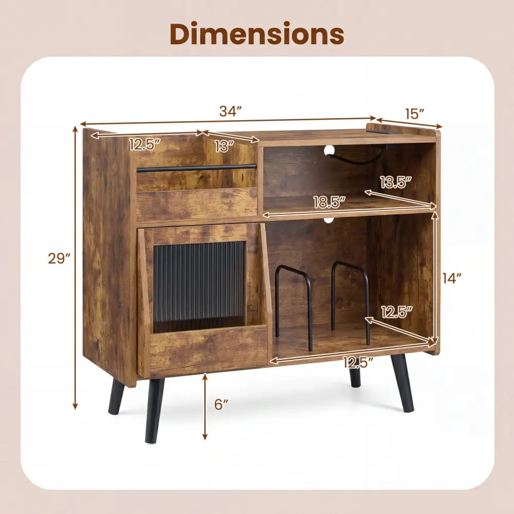 Record Player Stand with LED Light and Power Outlets-Rustic Brown - Rustic Brown - End & Side Tables