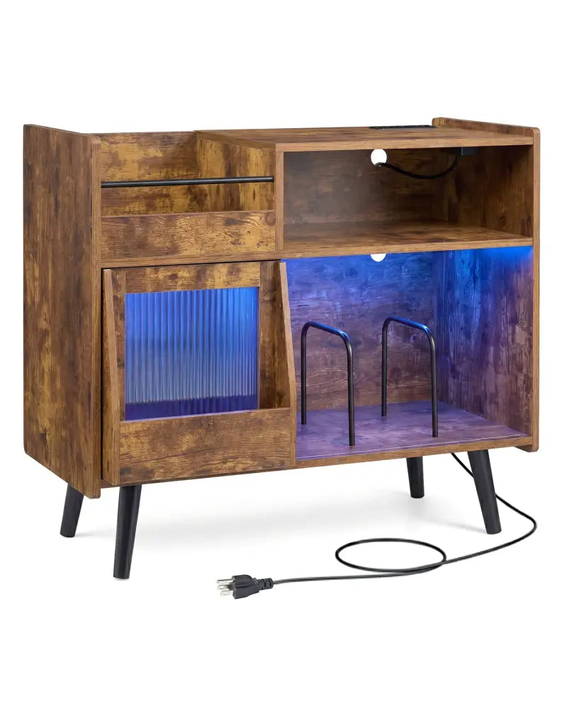 Record Player Stand with LED Light and Power Outlets-Rustic Brown - Rustic Brown - End & Side Tables
