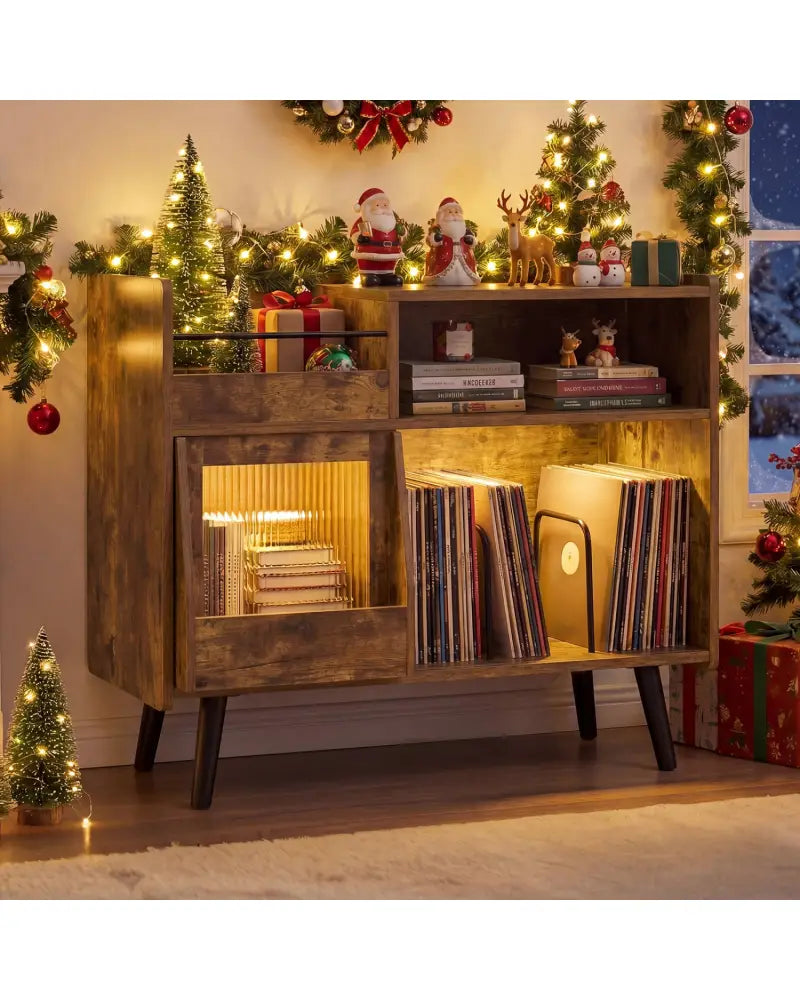 Record Player Stand with LED Light and Power Outlets-Rustic Brown - Rustic Brown - End & Side Tables
