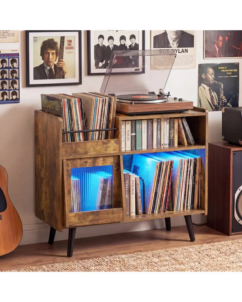 Record Player Stand with LED Light and Power Outlets-Rustic Brown - Rustic Brown - End & Side Tables