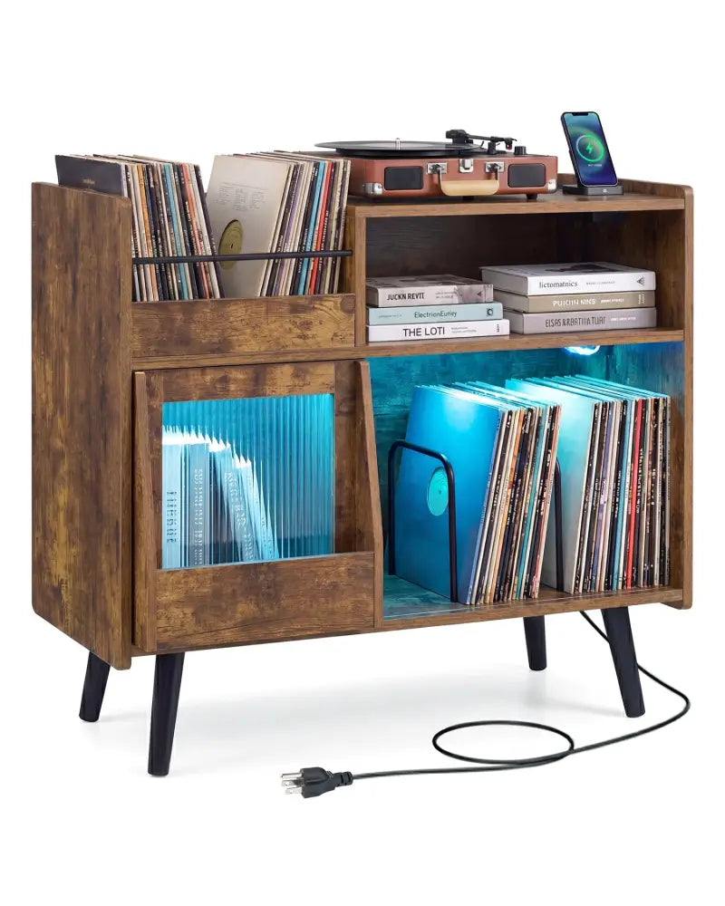 Record Player Stand with LED Light and Power Outlets-Rustic Brown - Rustic Brown - End & Side Tables