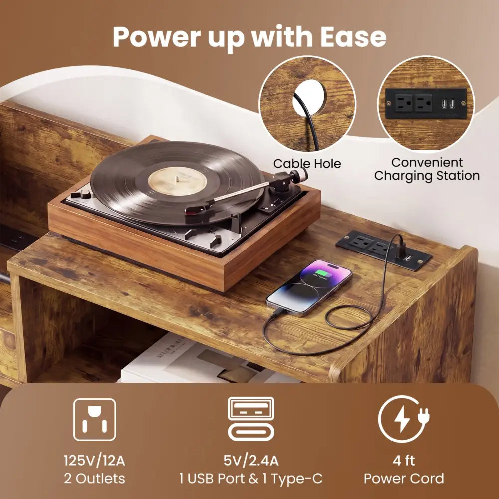 Record Player Stand with LED Light and Power Outlets-Rustic Brown - Rustic Brown - End & Side Tables