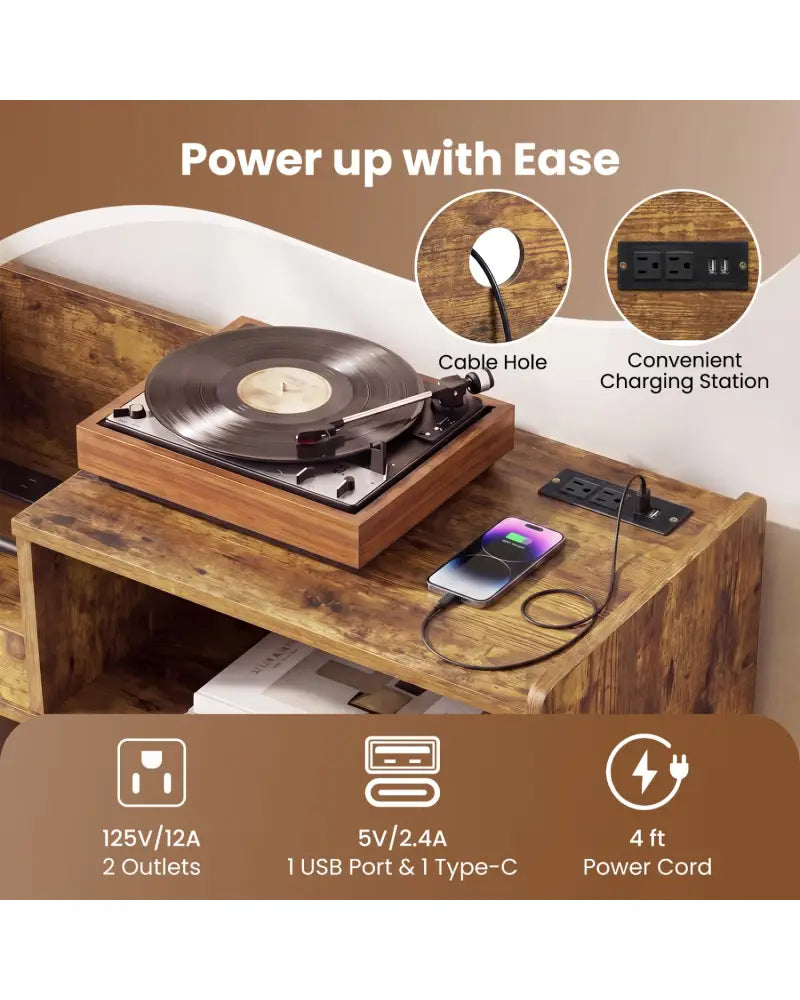 Record Player Stand with LED Light and Power Outlets-Rustic Brown - Rustic Brown - End & Side Tables