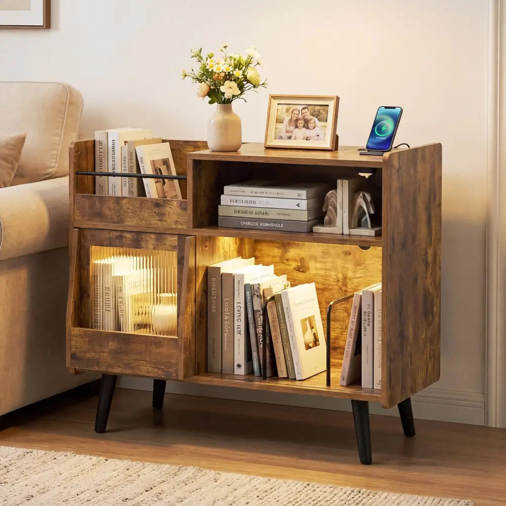Record Player Stand with LED Light and Power Outlets-Rustic Brown - Rustic Brown - End & Side Tables