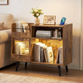 Record Player Stand with LED Light and Power Outlets-Rustic Brown - Rustic Brown - End & Side Tables