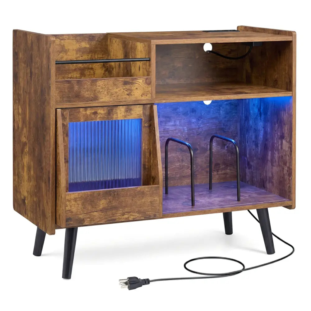 Record Player Stand with LED Light and Power Outlets-Rustic Brown - Rustic Brown - End & Side Tables