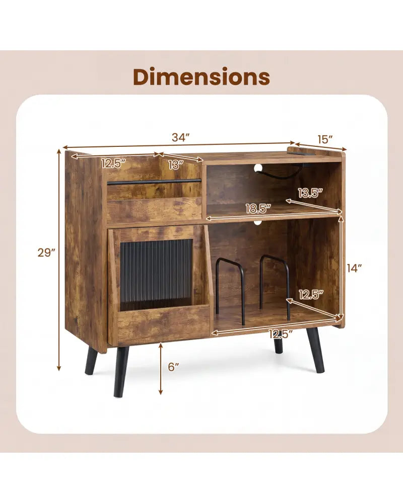 Record Player Stand with LED Light and Power Outlets-Rustic Brown - Rustic Brown - End & Side Tables