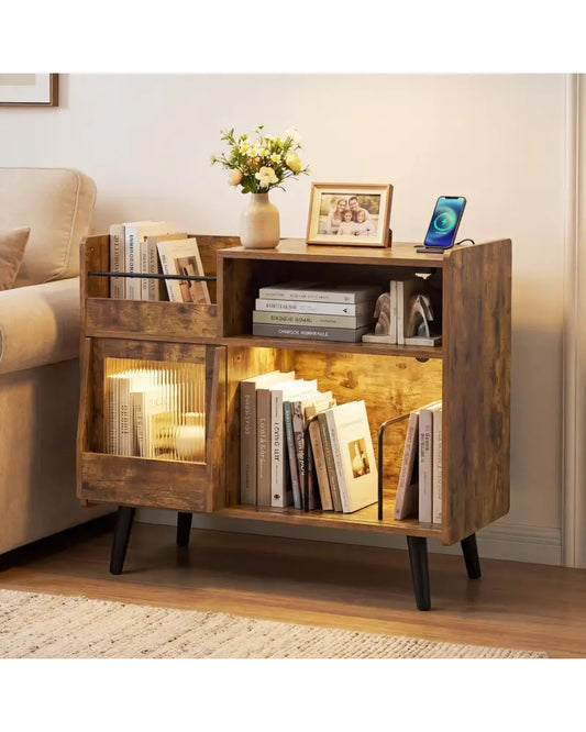 Record Player Stand with LED Light and Power Outlets-Rustic Brown - Rustic Brown - End & Side Tables