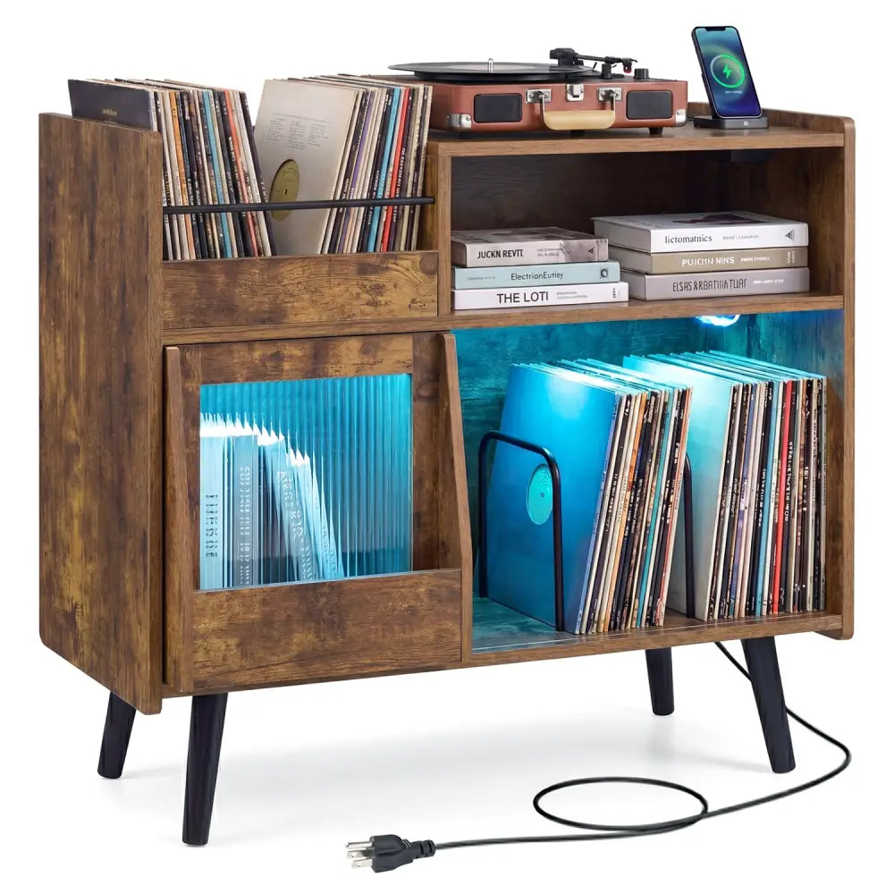 Record Player Stand with LED Light and Power Outlets-Rustic Brown - Rustic Brown - End & Side Tables