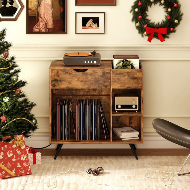 Record Player Stand with Power Outlet-Rustic Brown - Rustic Brown - End & Side Tables