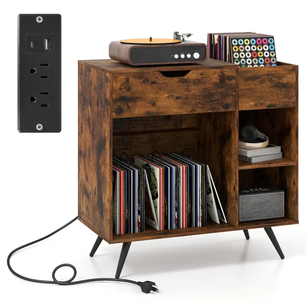 Record Player Stand with Power Outlet-Rustic Brown - Rustic Brown - End & Side Tables