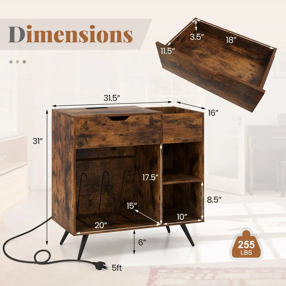 Record Player Stand with Power Outlet-Rustic Brown - Rustic Brown - End & Side Tables