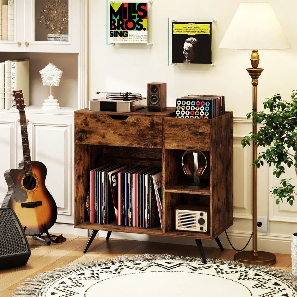 Record Player Stand with Power Outlet-Rustic Brown - Rustic Brown - End & Side Tables